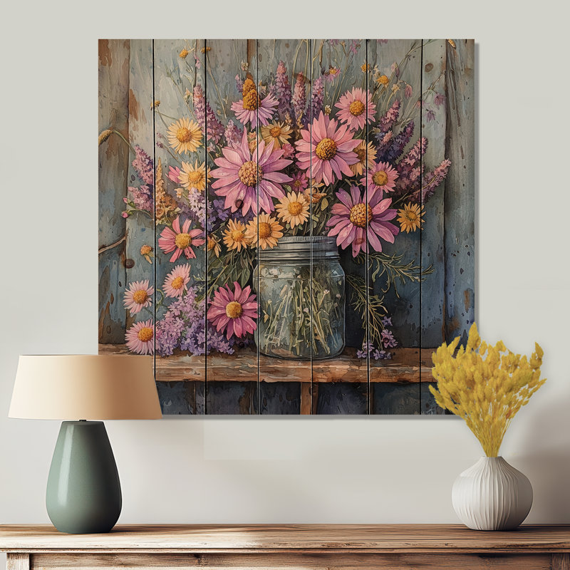 Garden Purple Daisies At The Farm III - Assorted Bouquets Wood Wall Decor - On Natural Pine Wood, 15" H x 15" W x 0.78" D