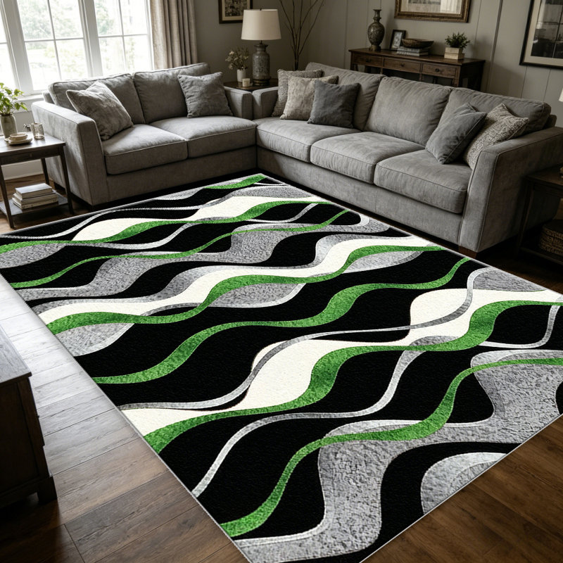 Green Black Wavy Stripe carpet-easy to clean, machine-washable, soft and comfortable; suitable for door mats, kitchens, living rooms, bedrooms, corridors, and laundry areas. Easy to clean, durable carpet for home decoration.