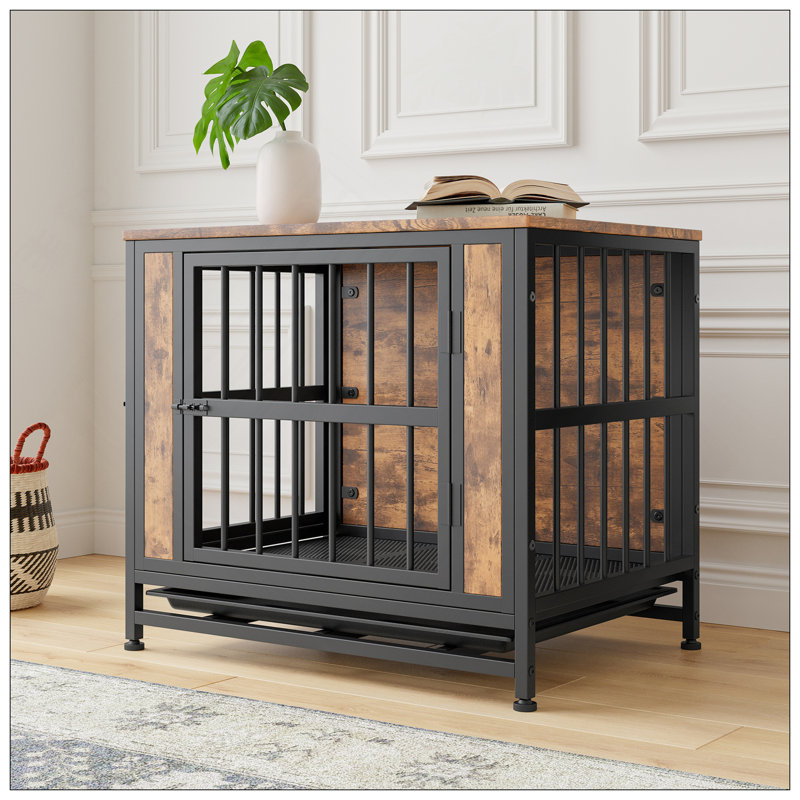 Table pour chien rustique en bois avec 2 portes coulissantes, structure en fer épais et plateau coulissant pour petits chiens, idéale pour l'intérieur et la décoration intérieure