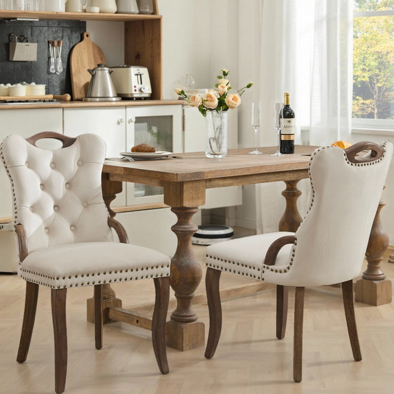 Set of 2 Velvet Dining Chairs with Hand-Tufted Trim, French-American Style Wingback Chair with Solid Wood Legs, Beige