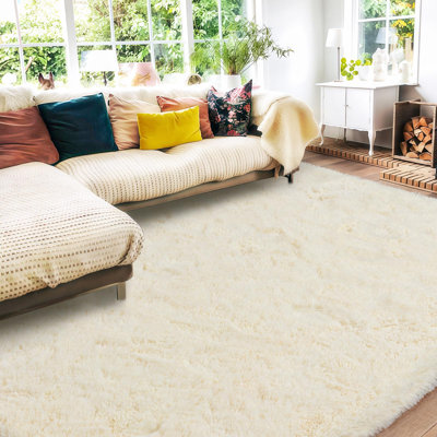 Tapis à poil long blanc crème 5 x 7 pi pour décoration de salon de chambre