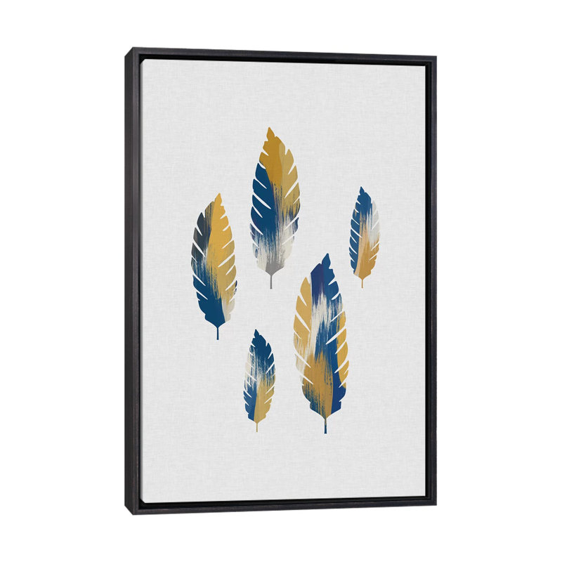 " Leaves Blue & Yellow ", 26" H x 18" W x 1.5" D, Distressed Black Framed Canvas