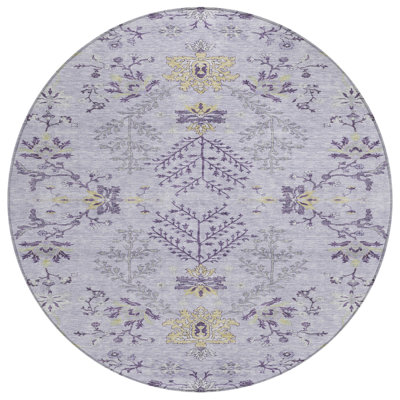 Tapis rond lavable floral mauve et gris 8 po