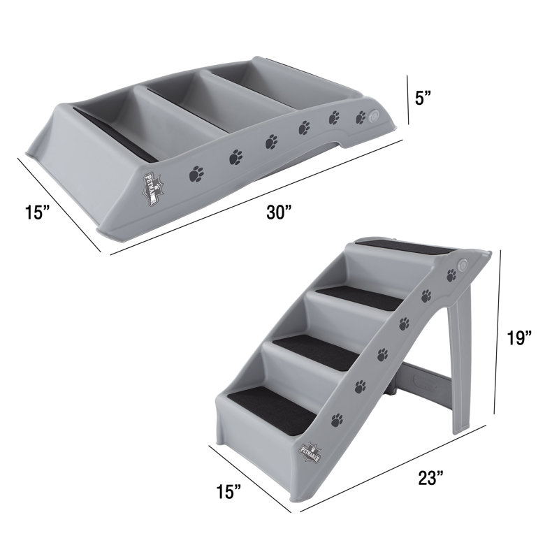 Gray Foldable 4-Step Plastic Pet Stairs with Paw Prints