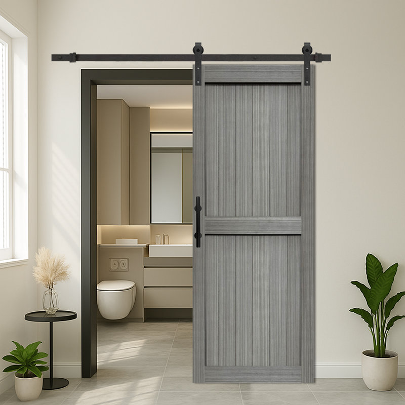 Ensemble de quincaillerie de porte de grange en panneau de fibres à densité moyenne avec porte coulissante recouverte d'une surface en PVC imperméable