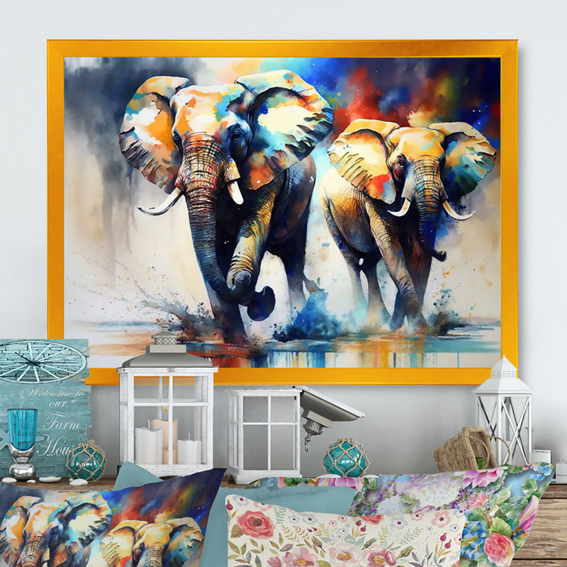 Éléphants qui courent I - Éléphant, art mural encadré, H 24 po x l 32 po x P 1 po, Cadre doré simple
