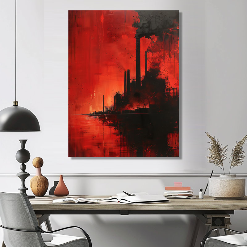 Rouge et noir Polution Industrial Power Plant I - Power Plants Wall Art Living Room, Toile tendue, H 34 po x l 44 po