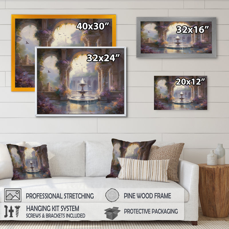 Ryelynn, Fontaine florale et oiseaux IV - Art mural floral, H 16 po x l 32 po x P 1 po, Cadre doré