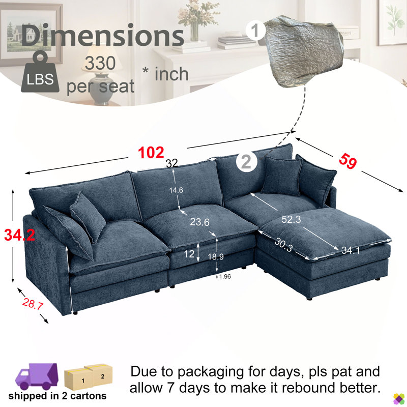 Dayman 102"W Modular Chenille LAF RAF Sectional, Sofa Couch, 3 Seater, Blue Chenille