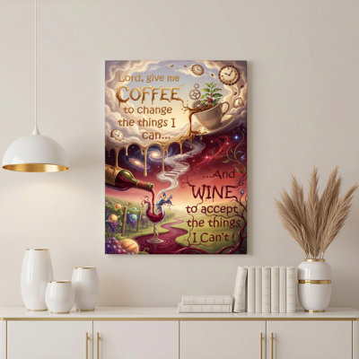 Coffee And Wine Quote Canvas Wrapped Wall Art With Whimsical Landscape And Surreal Elements For Kitchen Living Room Or Bar Decor