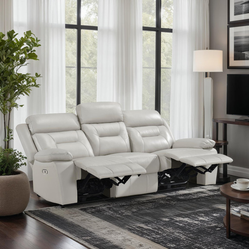 Canapé inclinable électrique en cuir fleur de 87 po Hornbeck, Cuir synthétique argent, Courant