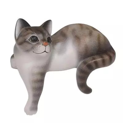 Erhart Watchful Cat Wood Sculpture, Gray