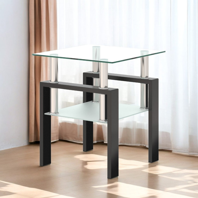 Table à thé en verre trempé avec pieds en métal, Noir/transparent, 1