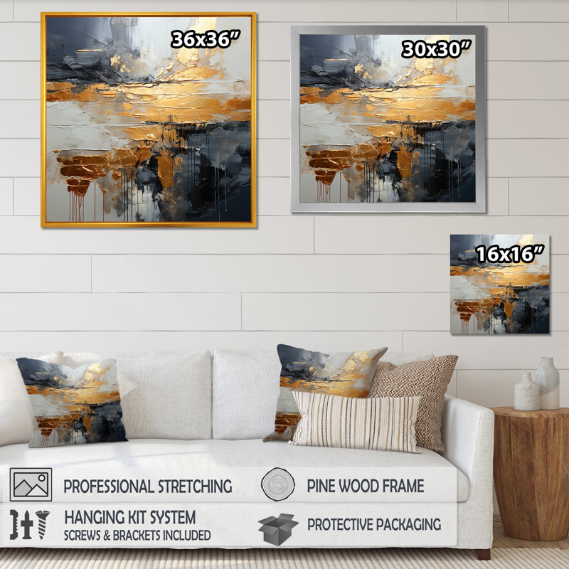 Or et gris, formes liquides modernes I - décoration murale abstraite, Toile tendue, H 36 po x l 36 po x P 1,5 po