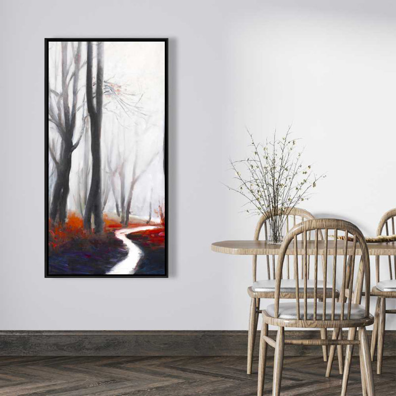 Mysterious Forest with Stream - Gray Trees Framed Canvas Art