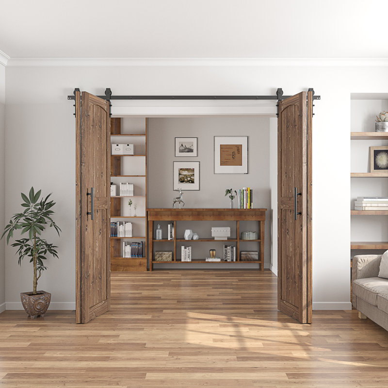 Plateau arqué assemblé de 84 po Porte de grange double pliante Knotty, 72 po x 84 po, Noyer foncé