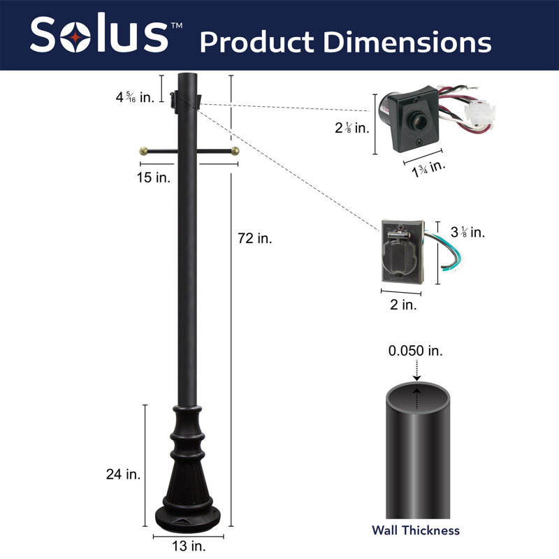 Solus 6ft. Surface Mount Lamp Post with Decorative Cross Arm, Convenience Outlet, Dusk-to-Dawn Photocell Sensor and and Decorative Base Cover