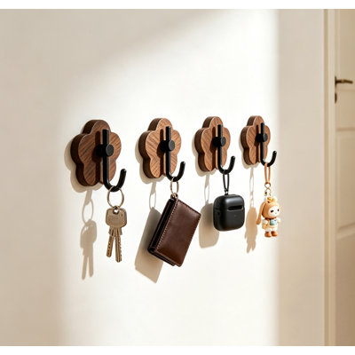 Flower Shaped Wooden Wall Hooks, Natural Wood Hook Coat Rack, set of 4