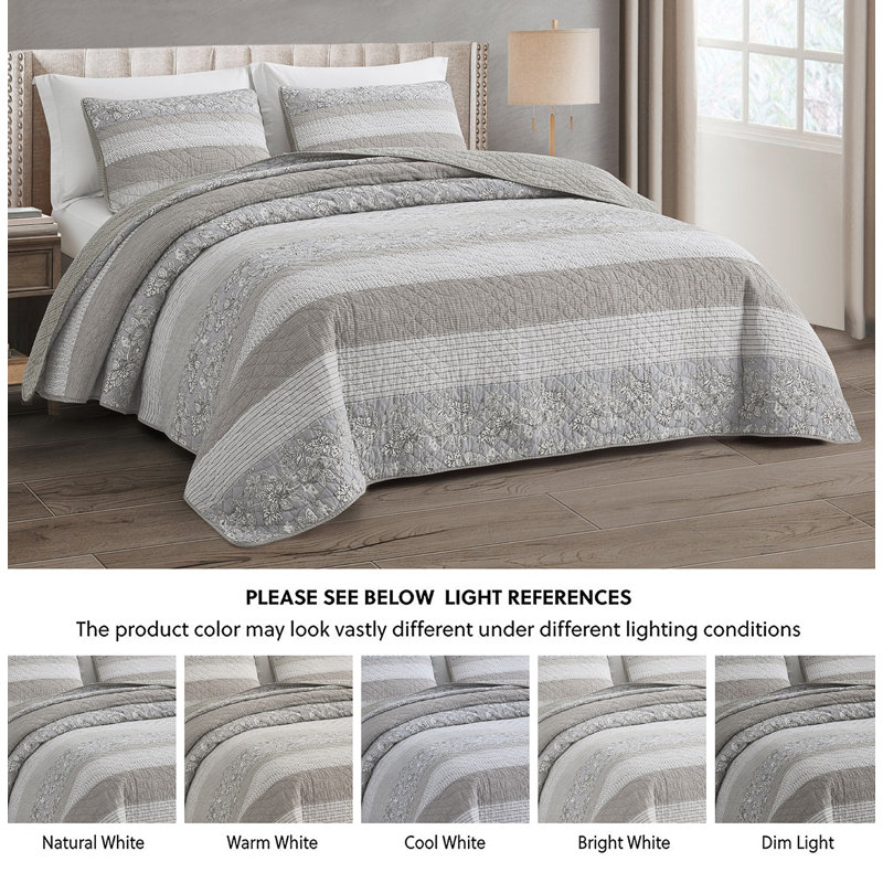 Twin Gray Cotton Reversible Patchwork Floral Quilt Set