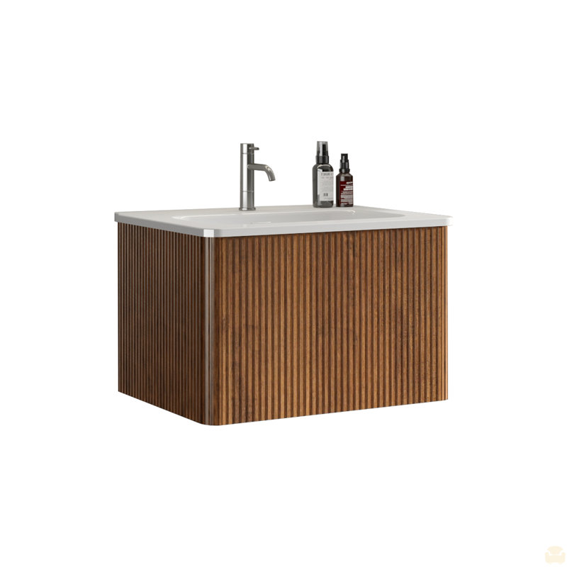 Meuble-lavabo 24 po rayé en noyer rayé avec lavabo en céramique blanc, Noyer, 24"