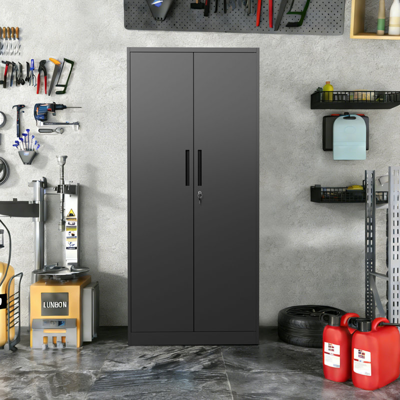 Metal Single Storage Cabinet ( H x W x 15.7cm D), 90cm (W) x 45cm (D) x 183cm (H), Black, No