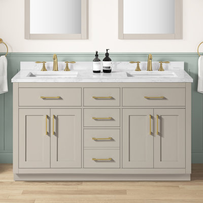 Ensemble de meuble-lavabo autoportant 60 po avec plateau en marbre blanc Athea et quincaillerie dorée Athea