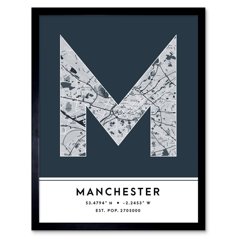 Manchester City Map Manchester England United Kingdom City Map Navy - Single Picture Frame Typography