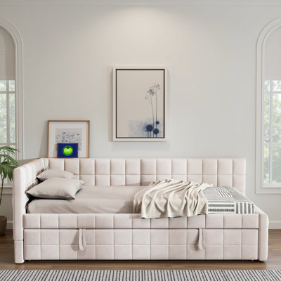 Contemporary Upholstered L-Shaped Daybed with Trundle & USB Charging