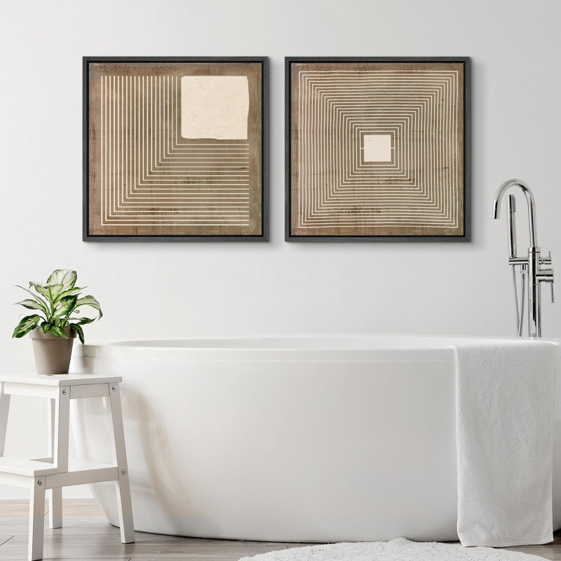 Linear Geometry " Square And Labyrinth Designs In Neutral Tones Illustrations Abstract Rustic Art Minimalist " 2 - Pieces