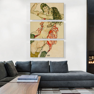 " Two Women Embracing 1915 " by Egon Schiele 3 - Pieces Painting Print