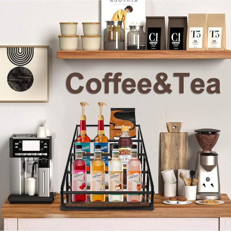 4-Tier Coffee Syrup Rack Organizer For Liquor Bottles, Spices, And Kitchen Condiments - Durable Metal Frame With Rustic Wood Base - Space-Saving Design Holds 16 Bottles