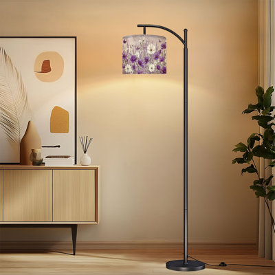 Arc Floor Lamp with Adjustable Lampshade White Floral Purple Butterfly Floral Rustic Wooden Board Farmhouse Standing Lamp 3 Color Temperatures Dimmable Tall Pole Lamp with Foot Switch for Bedroom