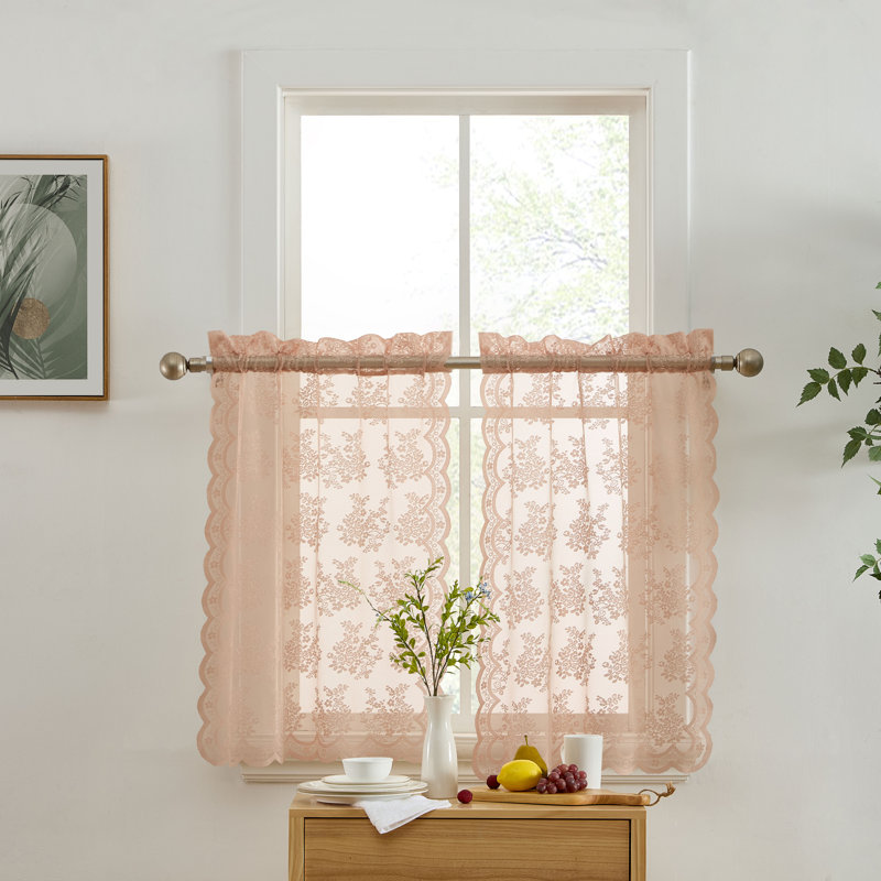 Stefani Floral Rod Pocket Lace Semi Sheer Voile Short Cafe Tiers for Small Windows - Set of 2, Blush Pink, 24" L x 28" W