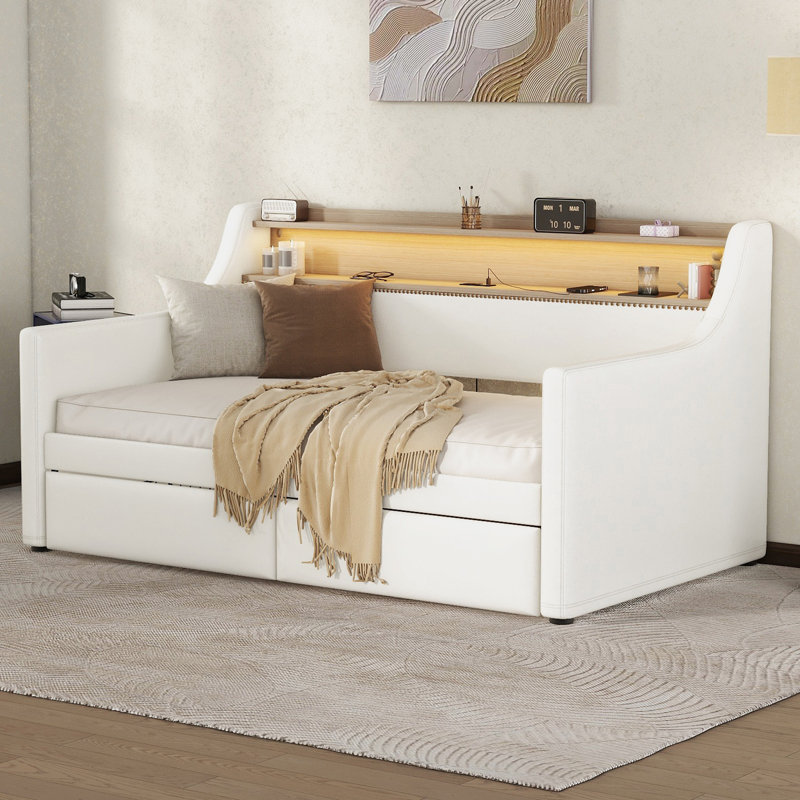 Wingo Upholstered Twin Size Daybed With LED Lights, White