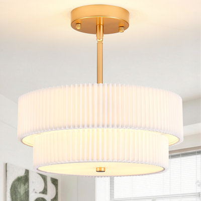 Plafonnier semi-encastré moderne bohème doré de 32 cm avec abat-jour en tissu plissé, lustre à double tambour à 3 lumières pour salle à manger et cuisine