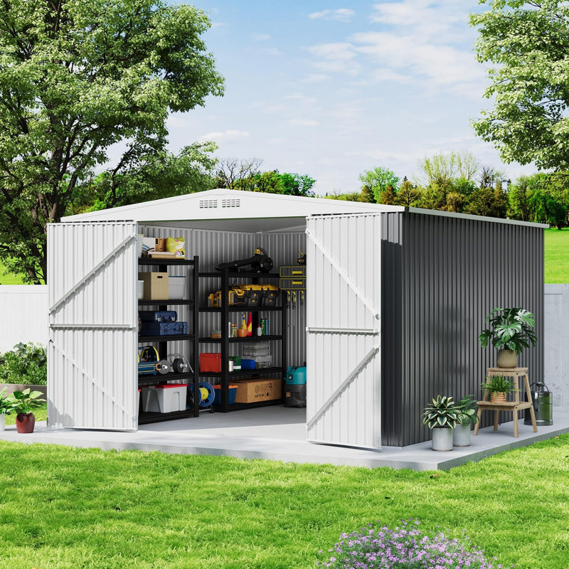 Remise de rangement en acier galvanisé 8 x 7 pi, porte-outils en métal résistant aux intempéries avec portes et évents verrouillables pour la cour arrière