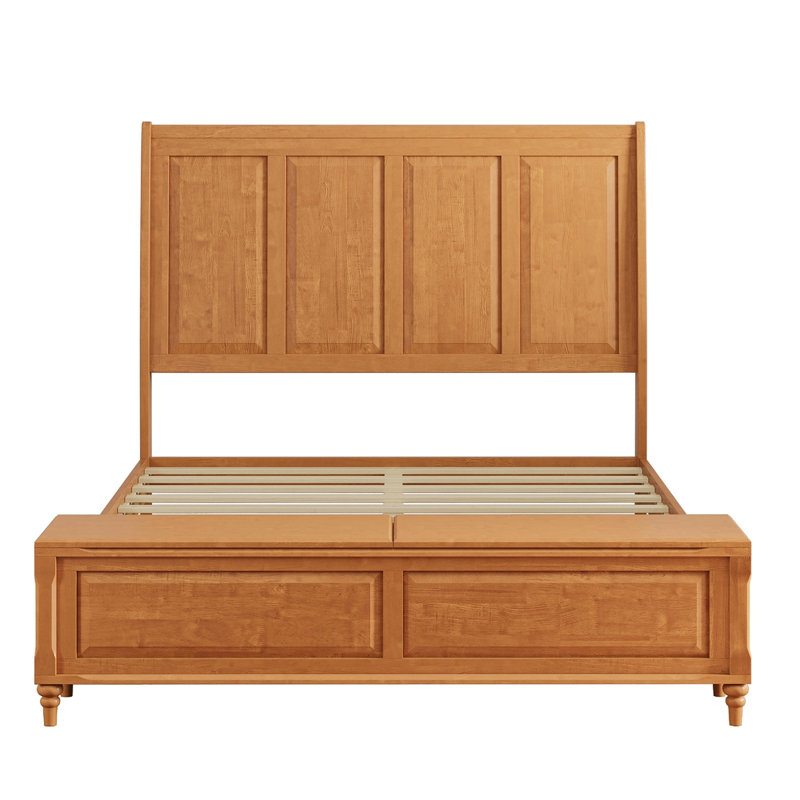 Structure de grand lit avec tête de lit haute et banc de rangement, lit-bateau en bois massif avec coffre de rangement de 64 po, aucun sommier requis, naturel