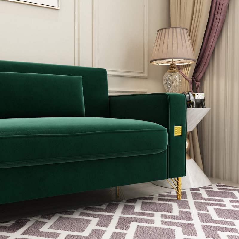 Canapé à accoudoirs carrés en velours 85,63 po Deondry, Velours vert