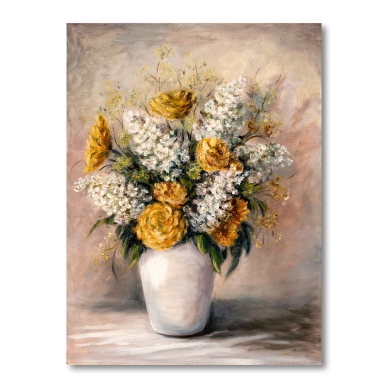Nature morte aux fleurs jaunes et blanches III - Peinture sur toile, H 40 po x l 30 po x P 1,5 po, Toile tendue