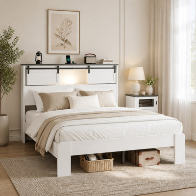 Queen White Wood+Metal Platform Bed Frame with Storage Headboard and Charging Station