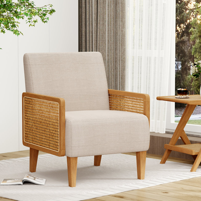 Chaise d'appoint rembourrée avec accoudoirs en rotin et pieds en bois massif, Ivoire ivoire