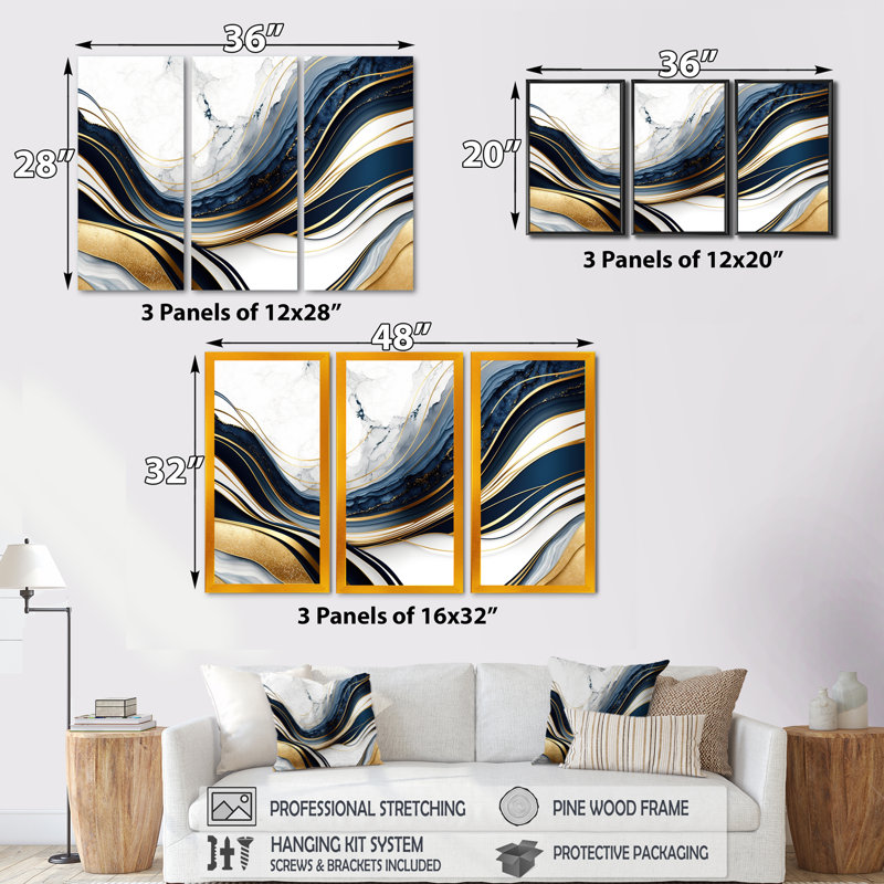 «Abstract Geode Waves Blue and Gold III», reproduction de 3 pièces, H 28 po x l 36 po x P 1 po, Cadre flottant blanc