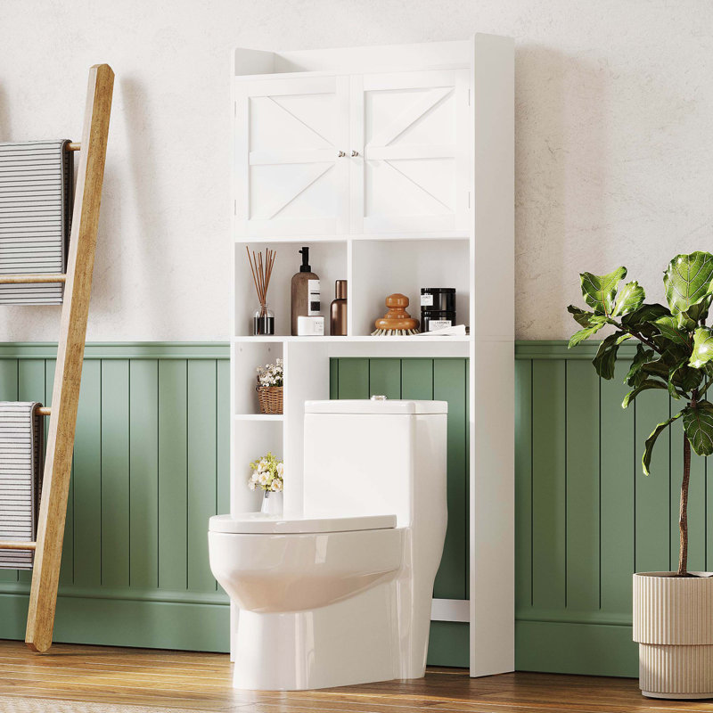 Étagère de rangement blanche autoportante au-dessus de la toilette, étagère réglable à double porte ouverte