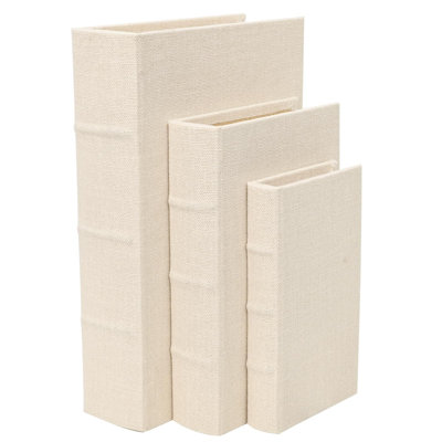 Decorative Book Boxes Set of 3 – Modern Faux Linen & Wood Hidden Storage for Coffee Table – Stackable Fake Books