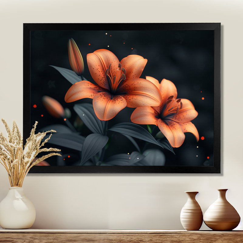 Orange orange, lis noir, printemps I, reproduction d'art mural, H 12 po x l 20 po, Cadre simple noir
