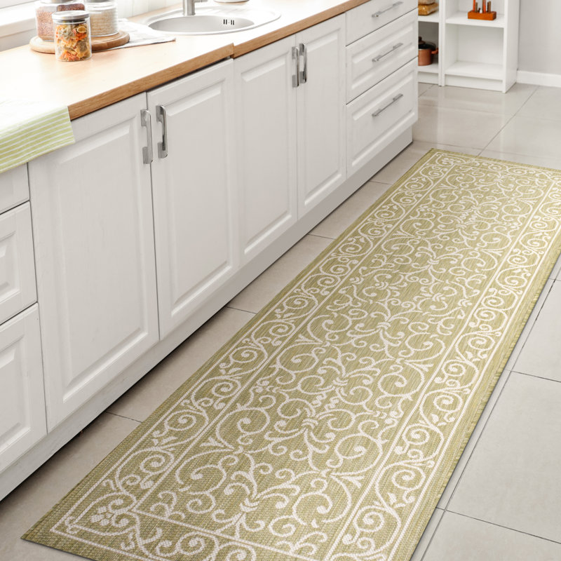 Dauphinais Vintage Filigree Textured Weave Green/Cream Indoor/Outdoor Rug, Runner 2'2" x 8'