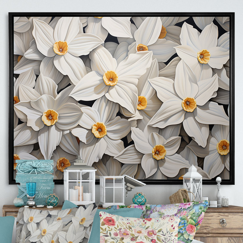 Minimalisme - Jonquilles blanches III - Imprimé, Cadre flottant noir, H 12 po x l 20 po x P 1 po