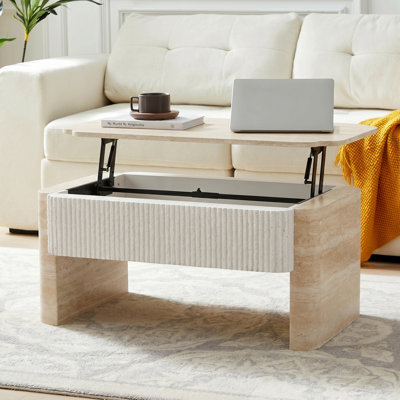 Table basse à plateau relevable moderne de 39,4 po avec rangement caché, bureau en bois beige pour le salon et les petits espaces