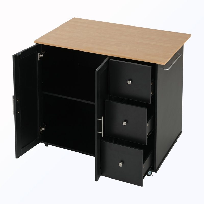 Îlot de cuisine roulant avec 2 portes, 3 tiroirs et tablette réglable