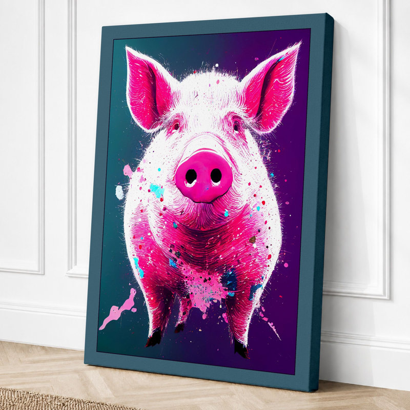 Pink Pig Pop Modern 1 Piece Wrapped Canvas Wall Art, 24x16 - 61.0 x 40.6 cm, Teal Border
